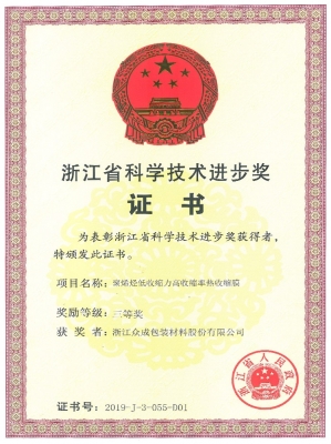 2019省科技进步奖证书